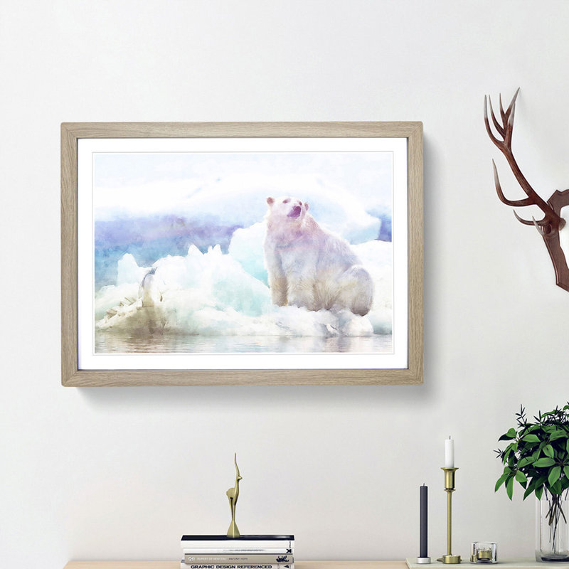 Penguin & Polar Bear - Single Picture Frame Painting on MDF, 27cm H x 36cm W x 2cm D, Oak Framed