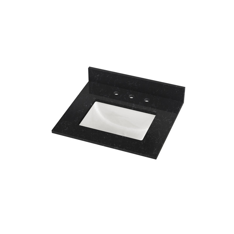 Plateau de meuble-lavabo simple 25 po avec lavabo en quartz 25 po, Noir Crysta
