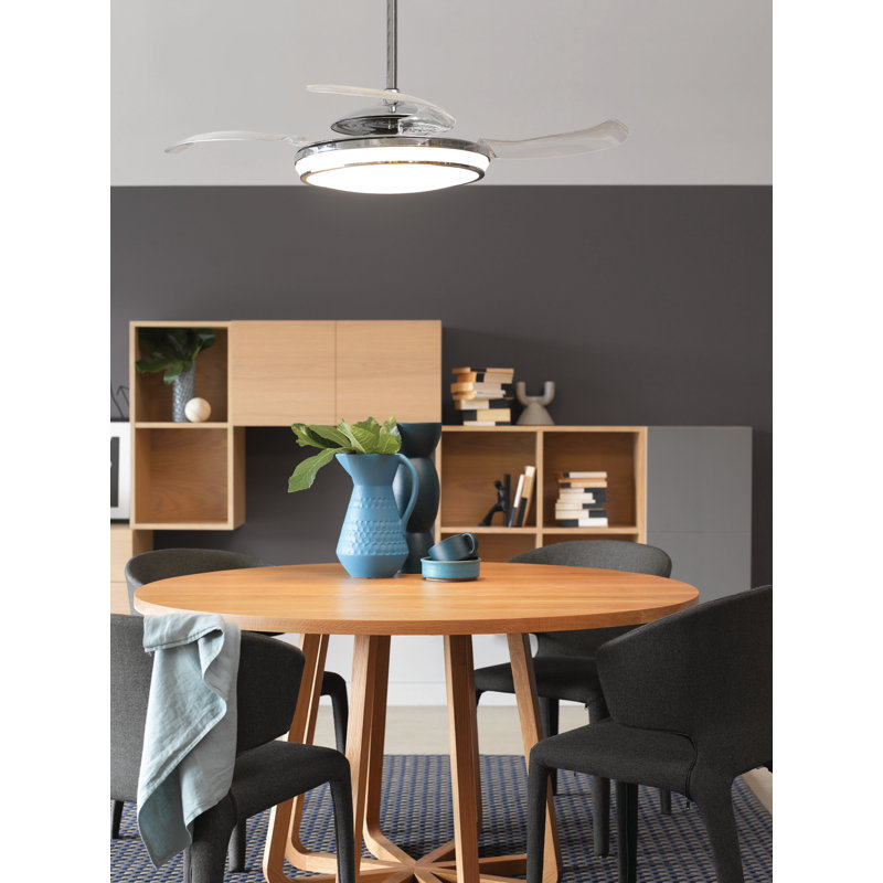 Evo1 48" Retractable Blade Ceiling Fan with Light and Remote, Color Adjustable LED Fandelier Ceiling Fan, Patented Design Technology, Stronger Thicker Blades, Brushed Chrome