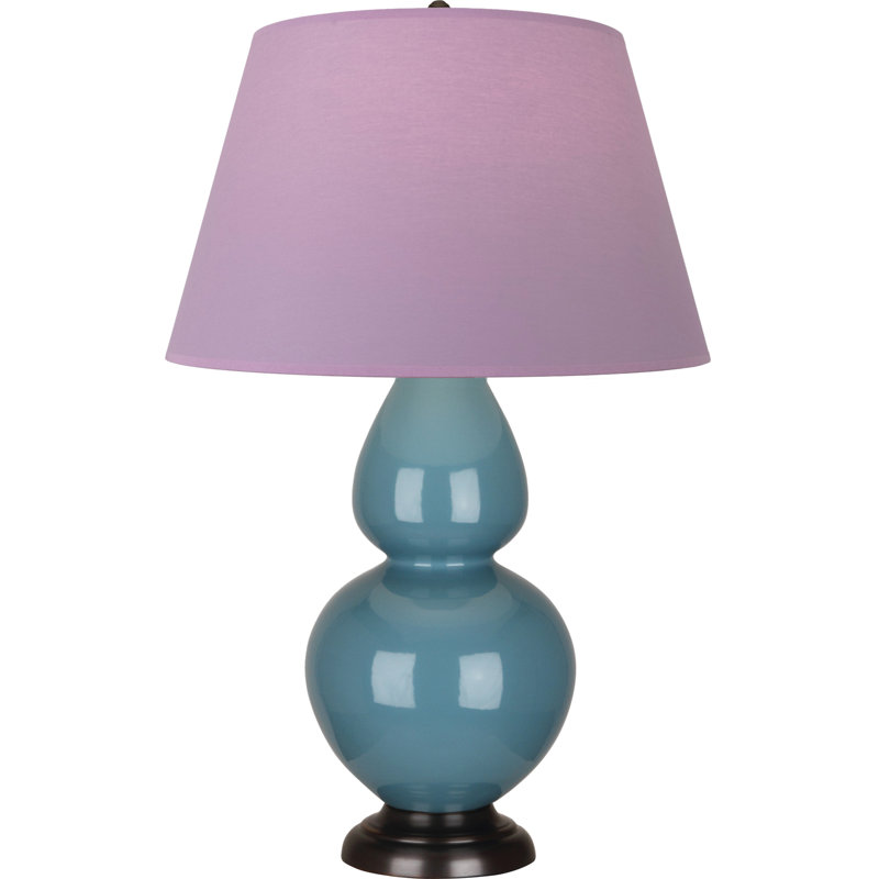 Lampe de table double gourde en céramique, Bleu acier émaillé / bronze, Lavande / prune, Bronze