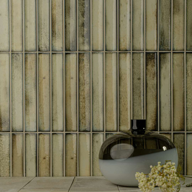 Sakura Fluted 4.5" x 9" Glossy Porcelain Wall Tile, Khaki