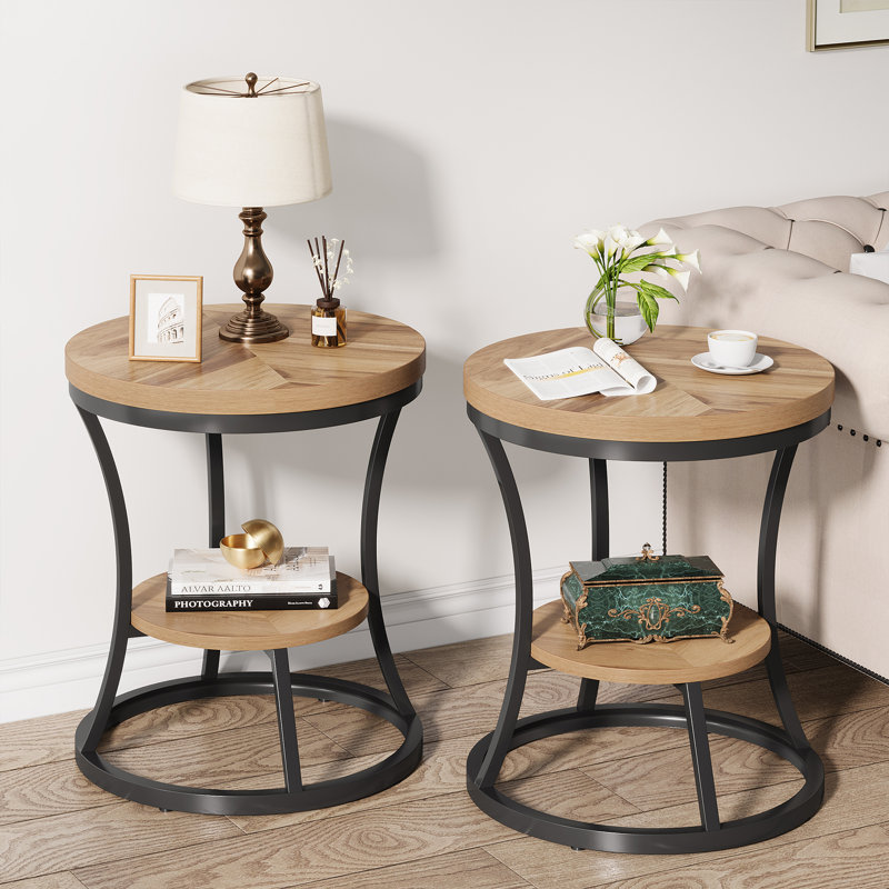 Kaarina End Table, Round Side Table (Set of 2), Light Brown, Black