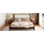 Lit plateforme très grand en bois avec tête de lit tapissier, structure espresso et tissu beige-133671072