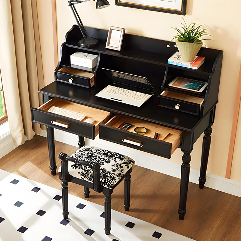 Bureau d'écriture rectangulaire noir en bois de frêne massif avec une chaise et 4 tiroirs, 44.09" H x 31.5" W x 19.69" D