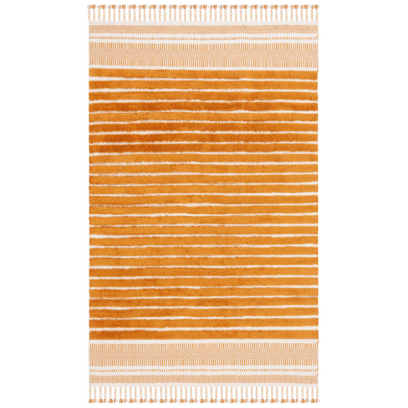 Tapis rayé orange en coton tissé à la main Lamarqus, Rectangulaire 3 pi x 5 pi