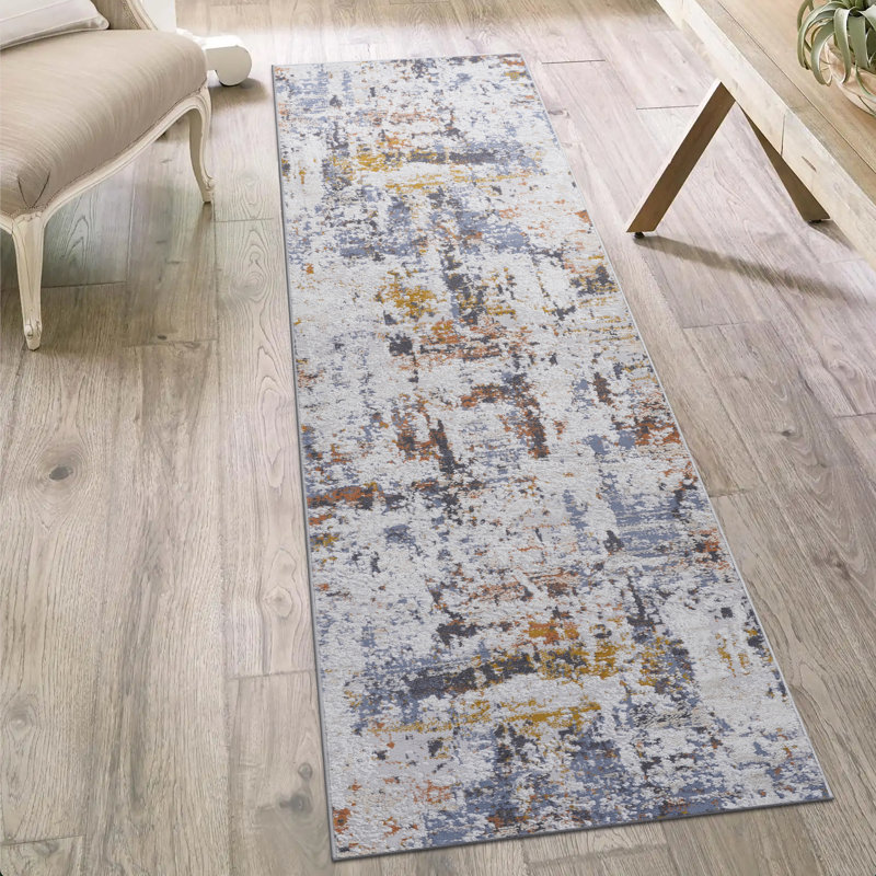 Ivory Blue Abstract Runner Rug (2' X 8'), Runner 2'2" x 8'
