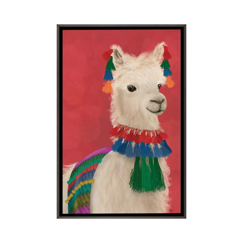 «Llama Traditional 1, Portrait» par Fab Funky - impression d'art graphique, Toile avec cadre en bois gris, Aucun mat