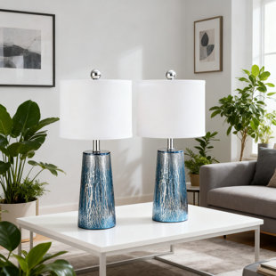 Modern Coastal Table Lamps Set Of 2 - 23 Inch Mercury Glass Column Nightstand Lamps With White Drum Shade For Bedroom Living Room Home