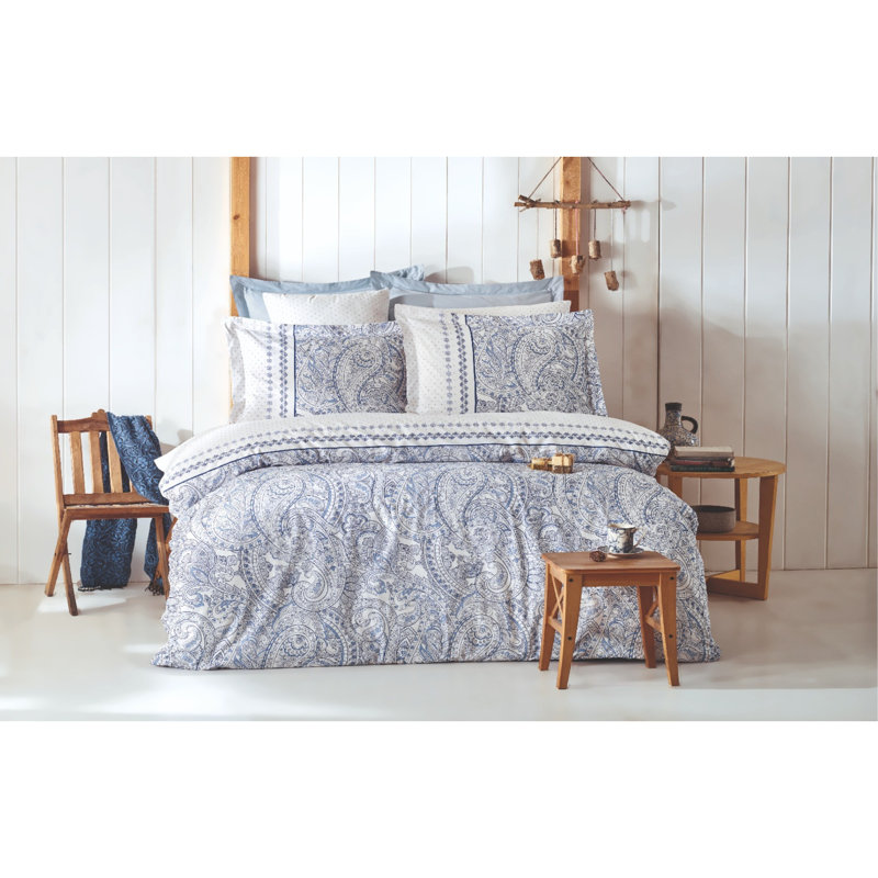 Ensemble de housse de couette luxueuse 100% coton Ranforce Double, bleu et blanc | Comprend une housse de couette 79 x 79 et (2) taies d'oreiller 19,7 x 31,5 | Lavable à la machine, 140 fils, fermeture à boutons pour une utilisation facile, doux et respirant