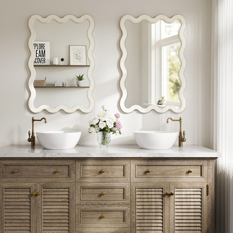 Rectangle Solid Wood Wavy Flat Wall Mirror, Warm White, 30" x 22"