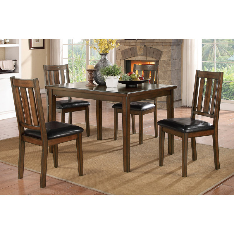 Table de salle à manger en bois de cerisier foncé foncé 5 pièces, table en bois et 4 chaises avec revêtement en similicuir noir, peu encombrant, avec rembourrage