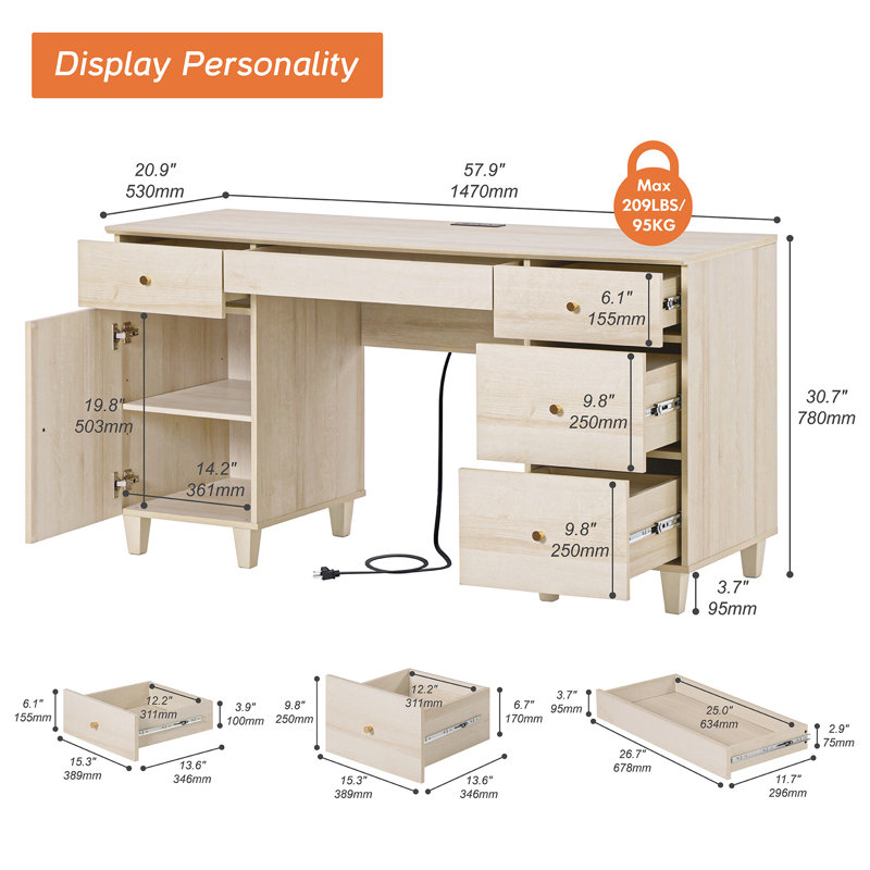 58" Executive Desk With 4 Drawers And 1 Door, Modern Farmhouse Home Office Computer Table With Charging Station, Keyboard Tray