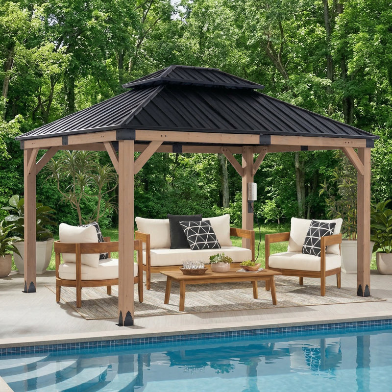 10 X 12 Ft. Cedar Wood Gazebo Includes Electrical Outlet, Double Roof Galvanized Steel Hardtop, Outdoor Patio Pavilion for Deck & Garden (Gray Wood Color)