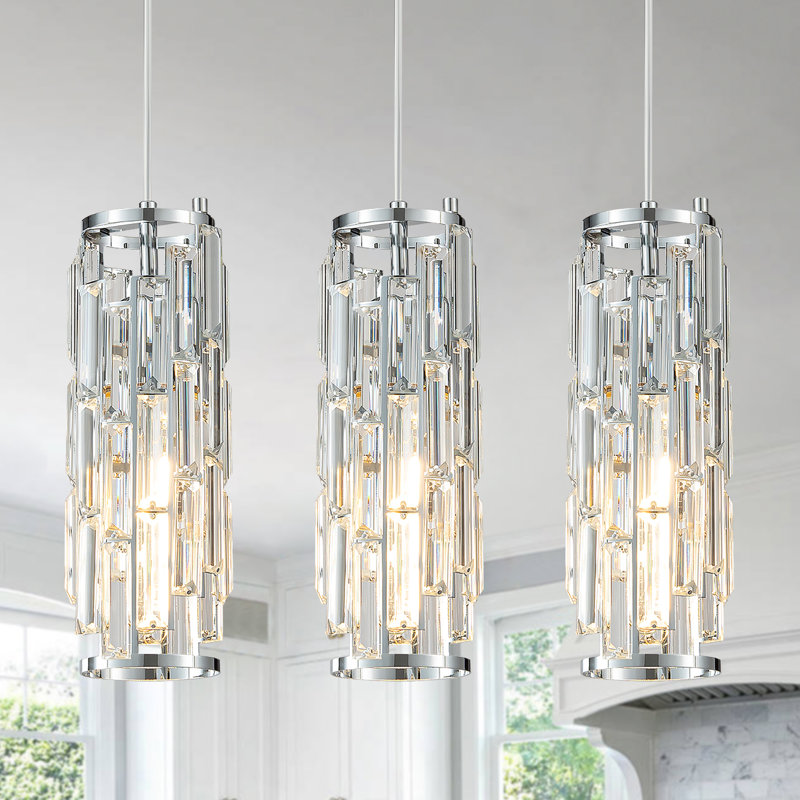 Taveyon Crystal Cylinder Pendant Lights Kitchen Island, Chrome, 3 Lights