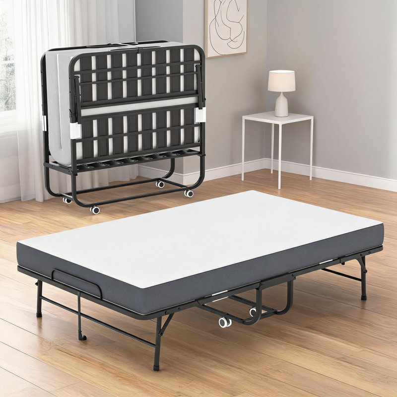 Lit d'invité pliant extra long et spacieux, structure en métal noir de jais avec mousse à mémoire de forme de 5 pouces, capacité de 450 lb pour les grands utilisateurs