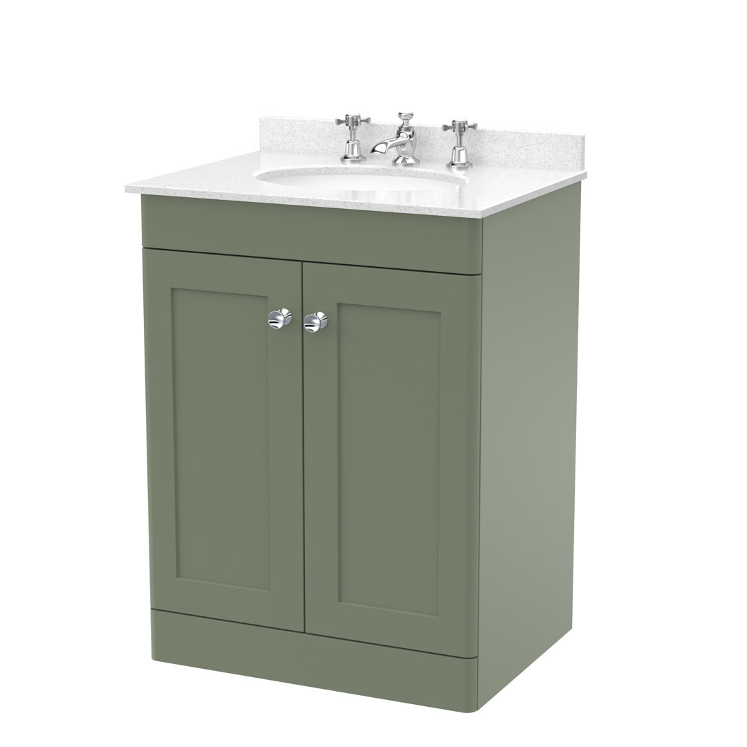 Nuie Satin Green Classique 2 Door Vanity Unit With White Marble Countertop And Round Basin With 3 Tap Holes | | Mdf | 600Mm - Image 3