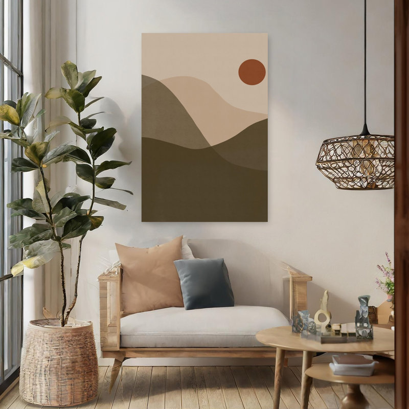 Affiche murale minimaliste moderne représentant un paysage désertique abstrait avec soleil et nature, H 48 po x l 32 po