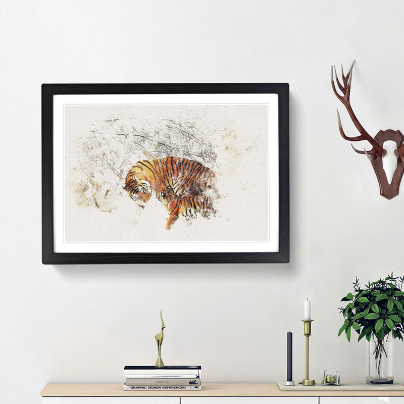 Mother Tiger & Cub in Winter - Picture Frame Graphic Art Print, 45cm H x 63cm W x 2cm D, Black Framed