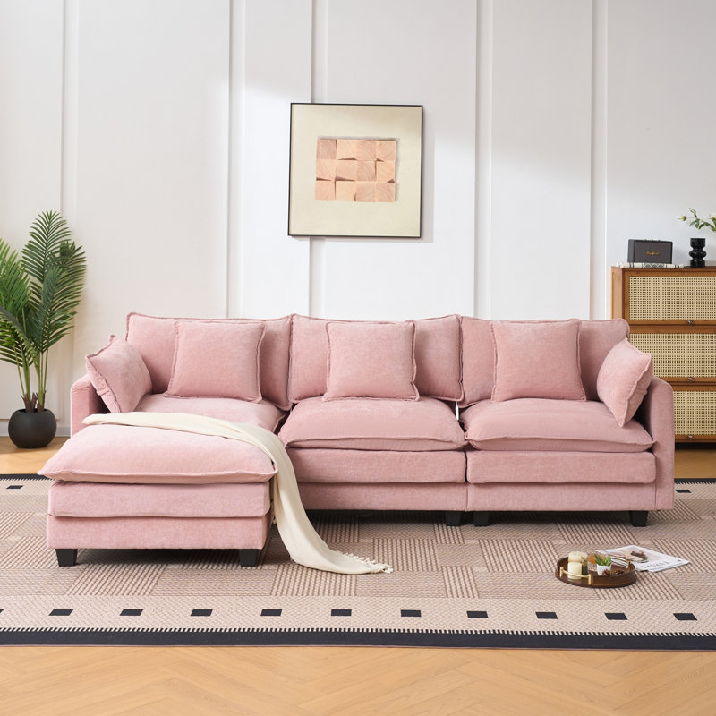 Pink Color  3-Seat Combo Sofa With Storage Ottoman For Living Room Apartment Bedroom And Compact Room, Upholstered Sectional Couch, L Shaped Bench With A Footrest