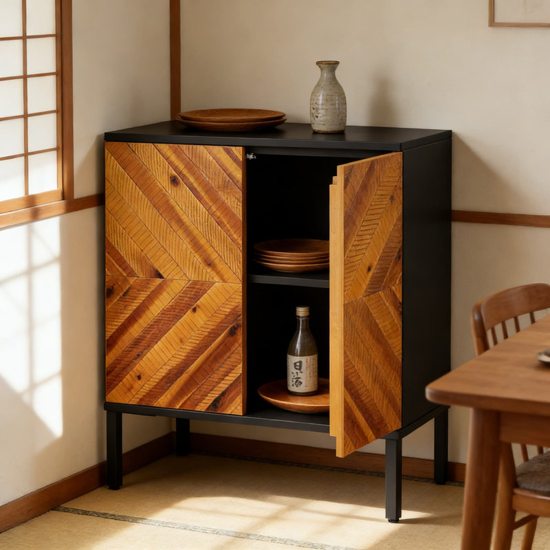 Buffet en bois d'acacia massif Vivian avec 3 portes, armoire de rangement moderne Mid Century