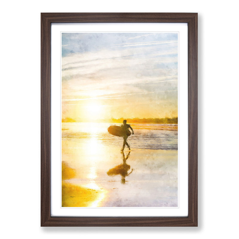Surfer on a Spanish Beach - Picture Frame Graphic Art Print, 45cm H x 33cm W x 2cm D, Walnut Framed
