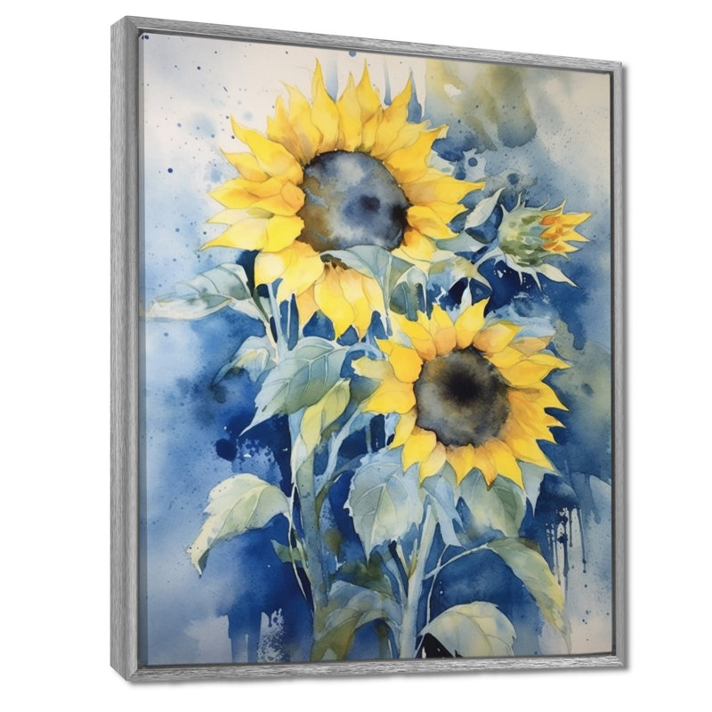 Jaune, bleu, tournesol doré, impression sur toile florale, H 40 po x l 30 po x P 1,5 po, Cadre argenté flottant