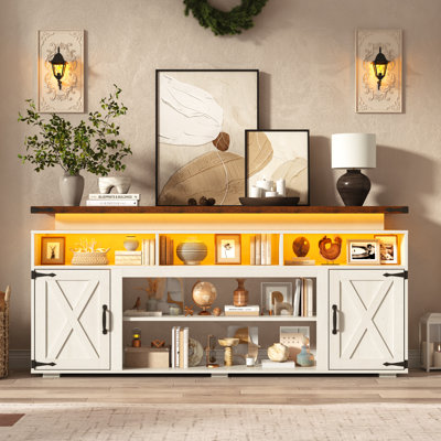 Farmhouse Tv Stand With Sliding Barn Doors & Led Lights,  32" Tall Entertainment Center With Power Outlet For 80 Inch Tv, Rustic Media Console For Living Room