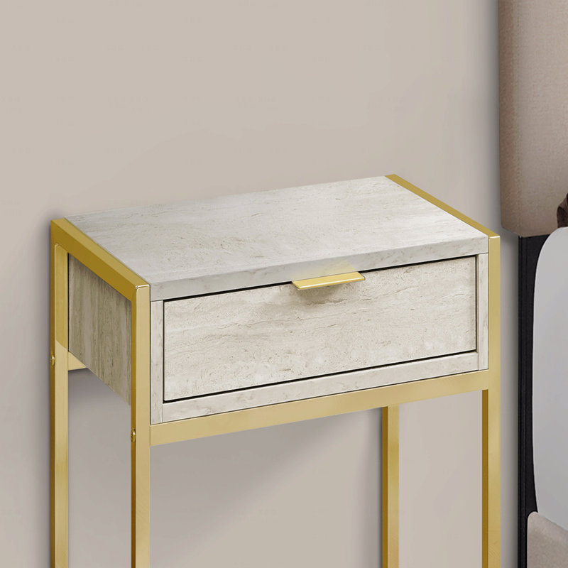 Table d'appoint, table d'appoint, table de bout, table de chevet, lampe, tiroir de rangement, stratifié, métal doré, contemporain, moderne