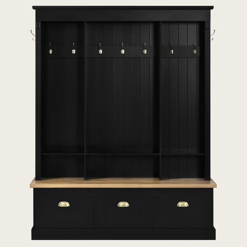 Hall Tree with Storage Bench and App-Controlled LED Light, Entryway Organizer with 9 Hooks, Shoe Cabinets and Shelves, Roman Column Farmhouse Hall Tree