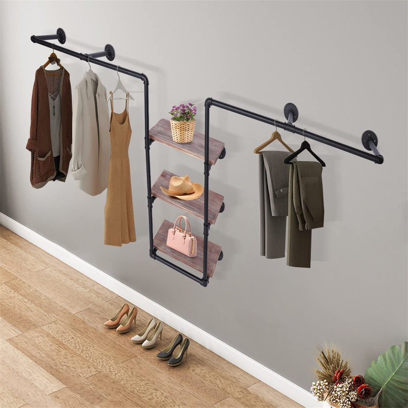 Anishka 86.61'' Wall Mounted Clothes Rack, Black/Wood