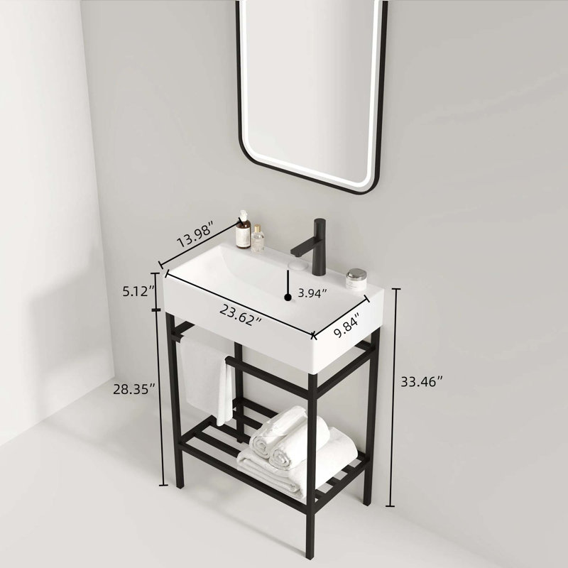 Meuble-lavabo de salle de bain avec lavabo en céramique, ensemble de lavabo console autoportant, lavabo rectangulaire en céramique sans robinet, pieds en métal ouverts, tablettes de rangement