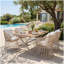 Ensemble repas d'extérieur 5 pièces - Table rectangulaire en bois de teck + 4 chaises en osier avec coussins, structure en acier beige, finition teck, parfait pour la terrasse, le patio ou le jardin