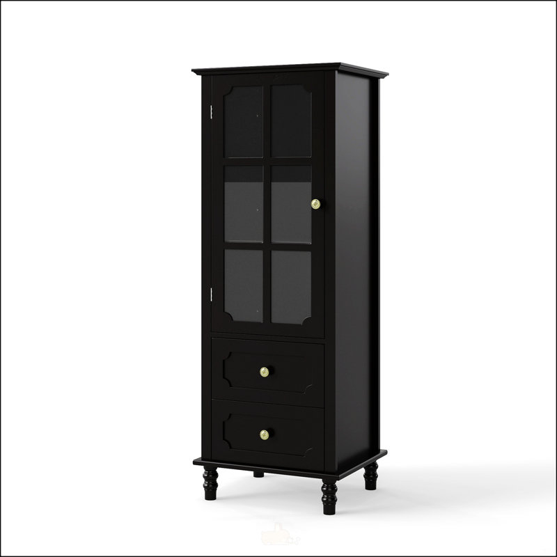 Grande armoire de rangement noire avec porte en verre, 2 tiroirs et tablettes réglables pour une organisation polyvalente et un décor élégant.