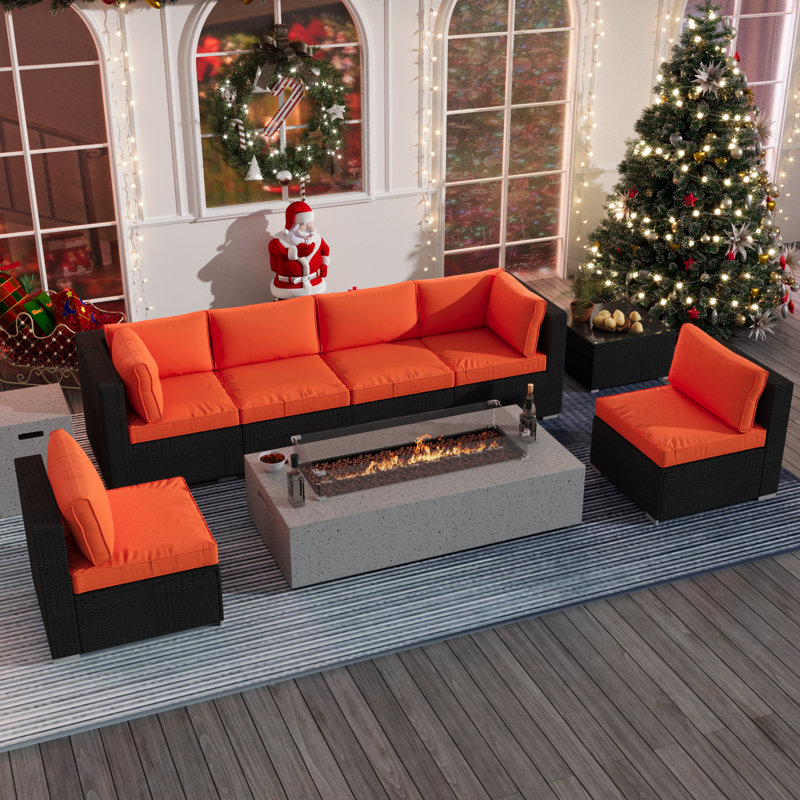 6 - Person Outdoor Seating Group with Cushions and Fire Pit Table, Orange/Black