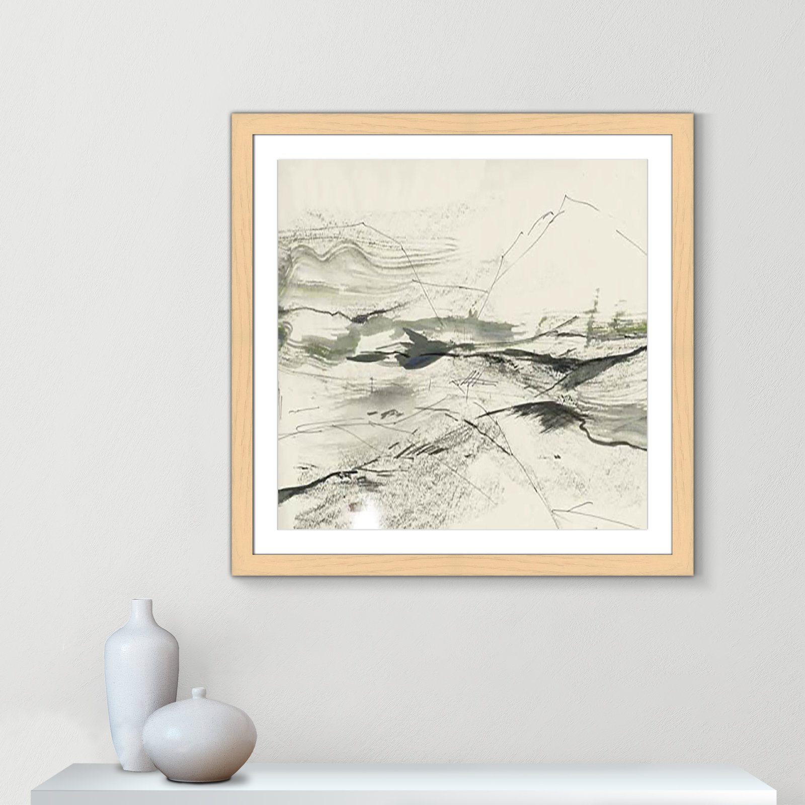 Green Sketches Print, 33.5" H x 33.5" W x 1.25" D, Natural Cube Framed