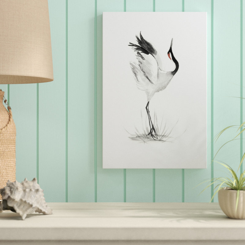 «Japanese Cranes I», peinture sur toile, H 18 po x l 12 po