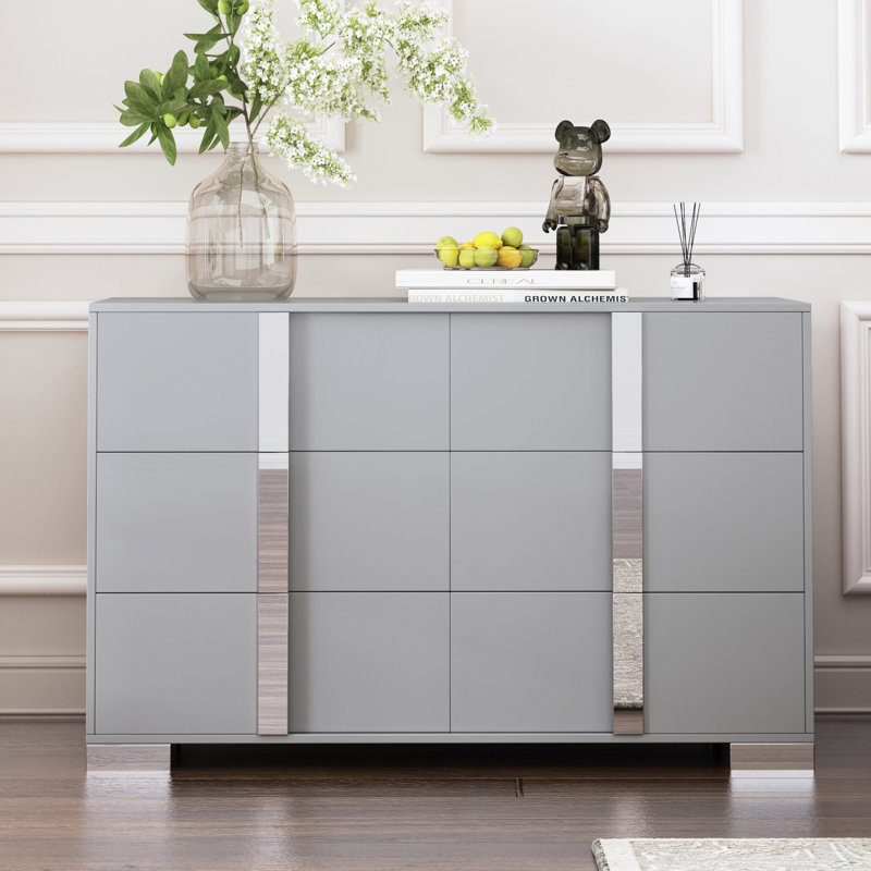 Commode 6 tiroirs avec armoire à miroir pour chambre à coucher, Gris