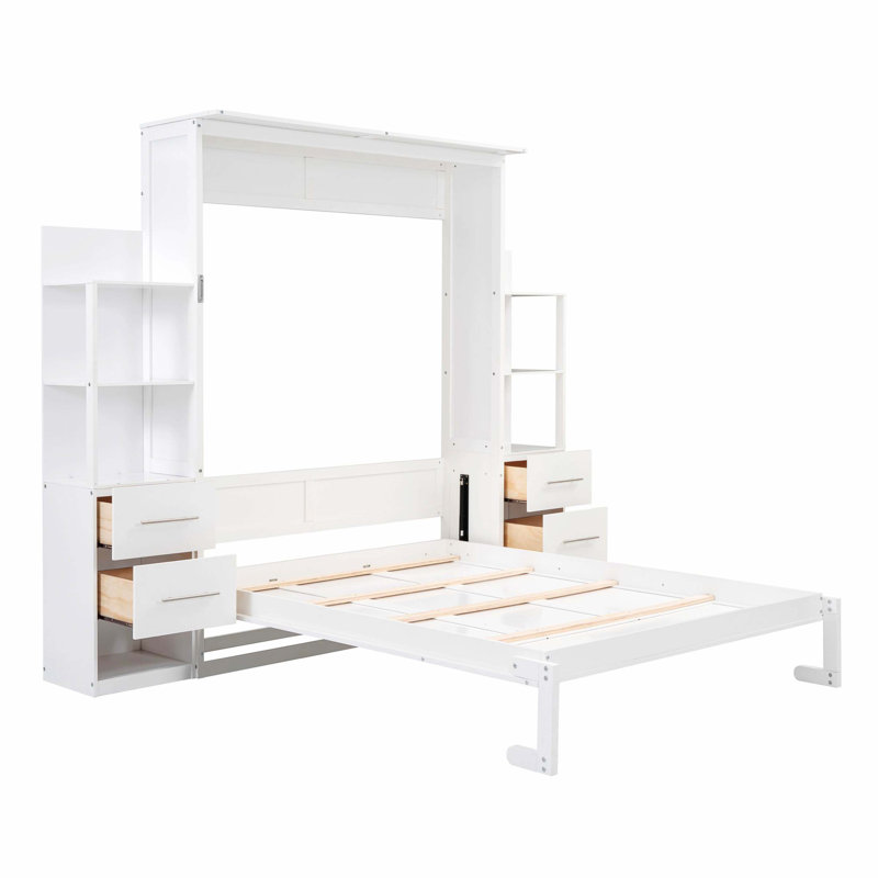 Grand lit escamotable mural avec tablettes, tiroirs et lumières DEL, blanc