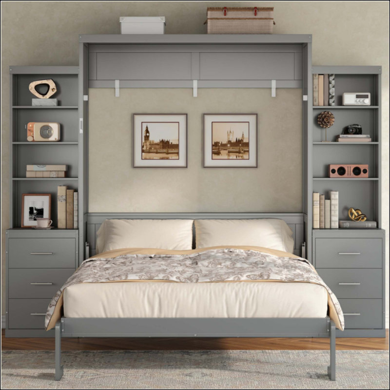 Lit escamotable avec tablettes de rangement et tiroirs Murphy, Gray, Queen