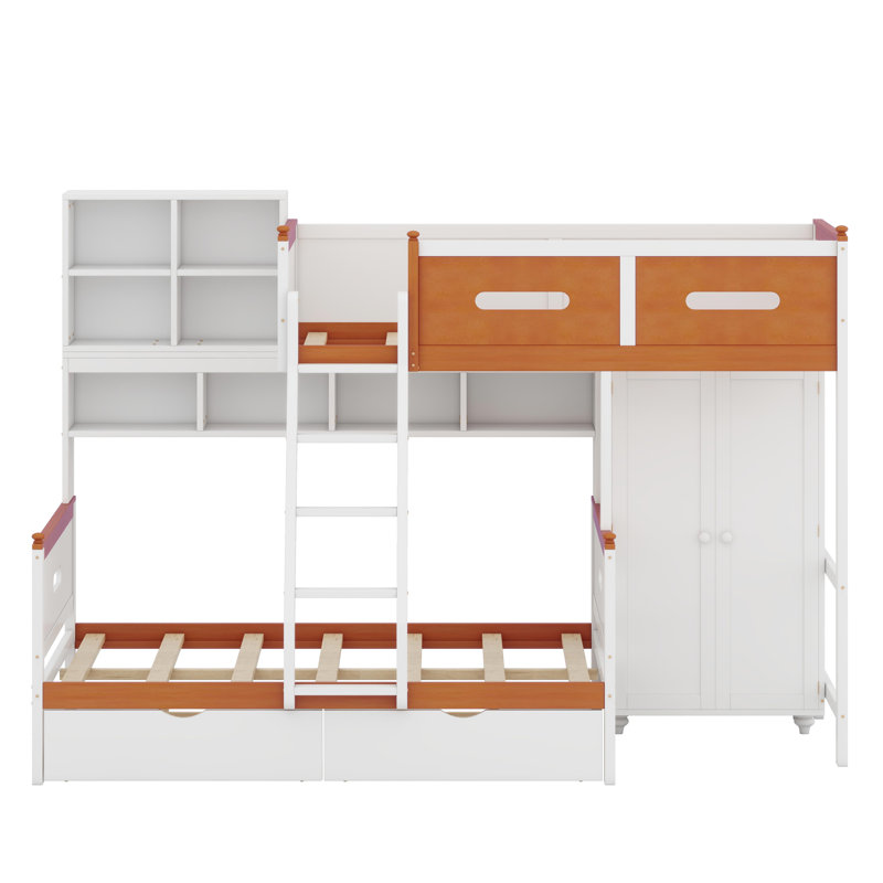 Lit superposé à rangement intelligent avec garde-robe intégrée, tablettes multifonctionnelles, tiroirs et éclairage à DEL doux