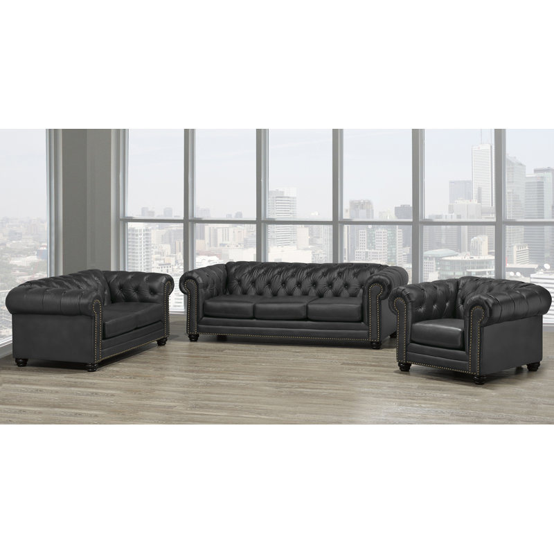 Ensemble de salon 3 pièces Ornellas, Cuir assorti gris anthracite