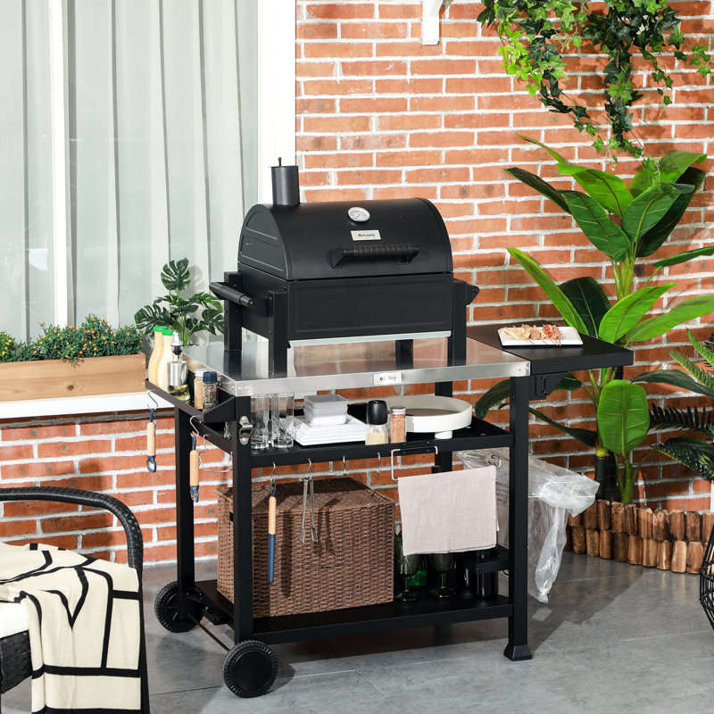 Table d'appoint pliable multifonctionnelle, 46 po x 21,75 po, en acier inoxydable, chariot de barbecue noir avec support, station de préparation,