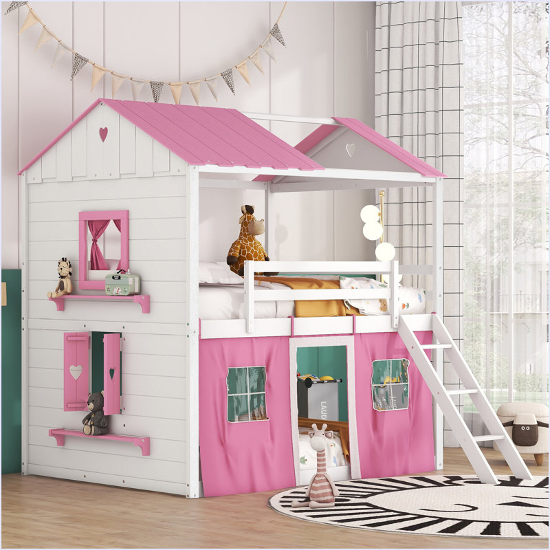 Lit superposé en bois avec fenêtres élégantes, Rose, Lit double