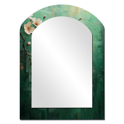 Cherry Blossom In Green And White Tones - Cherry Blossom Asymmetrical Unique Mirror, Green Arch Large Wall Mirror, Printed Metal Art