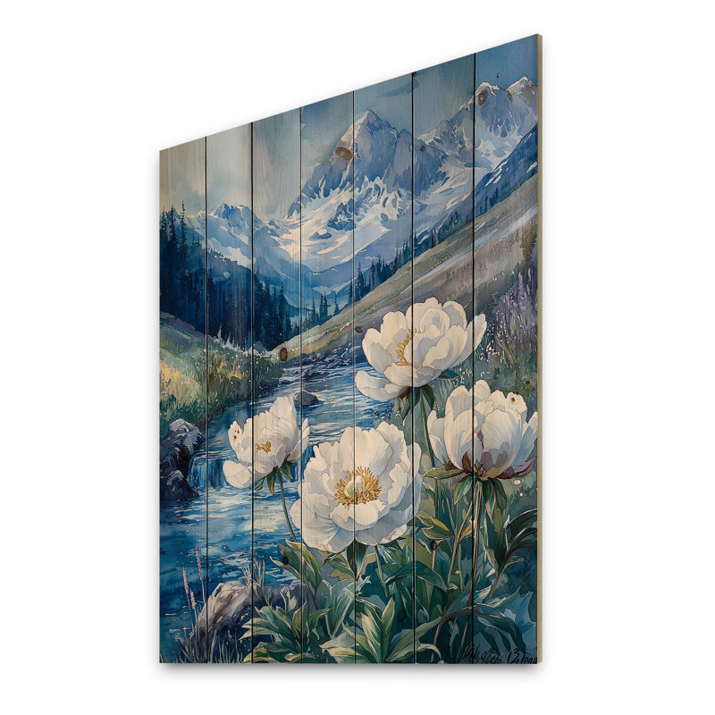 White Peonies And The Glacial Waters III - Peonies Wood Wall Art - On Natural Pine Wood, 40" H x 30" W x 0.78" D