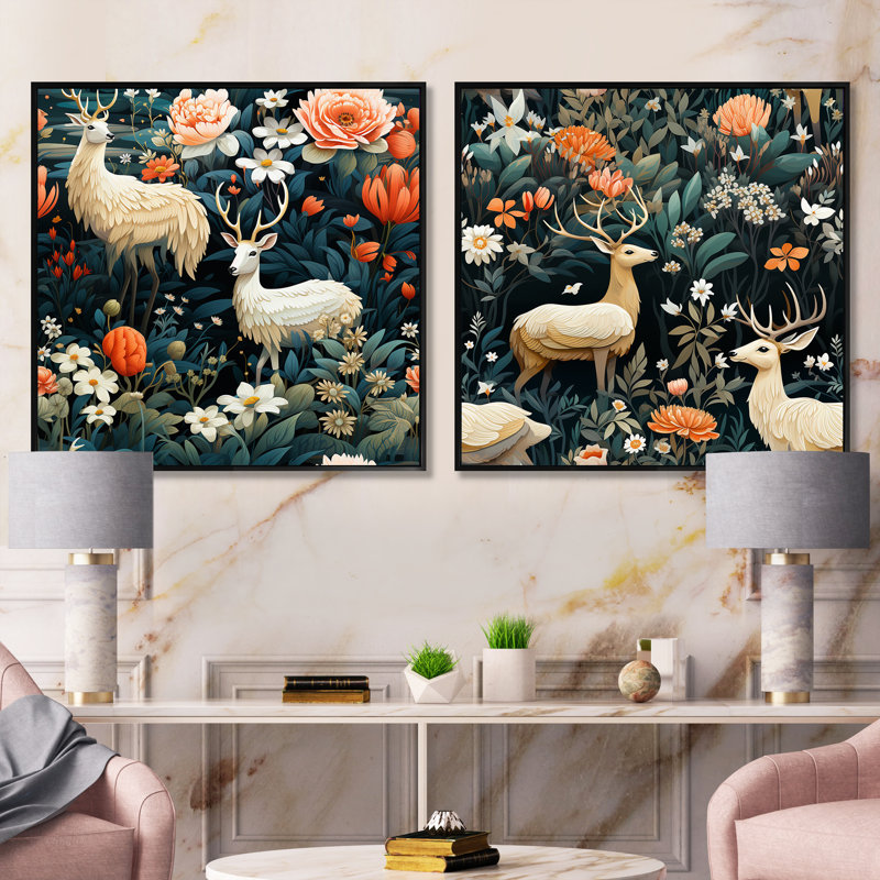 Faune, forêt, cerf, motif animal - ensemble de 2 animaux, Cadre flottant noir, H 36 po x l 73 po