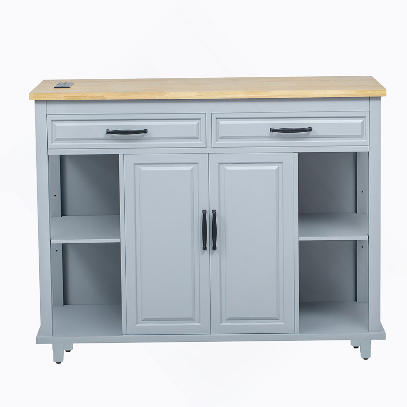 47 inch Kitchen Island with Extendable Dining Table, Rubber Wood Veneer Kitchen Table with Internal Storage Rack, Power Outlet, Kitchen island with Storage 2 Drawers 2 Cabinet,White