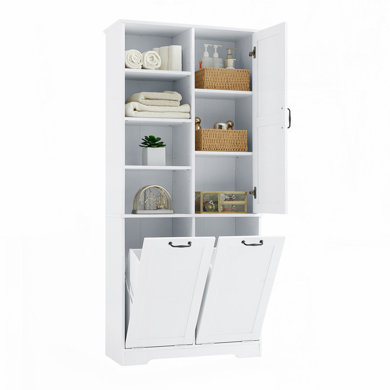 Armoire de rangement de salle de bain avec portes et tiroirs, panier à linge inclinable, plusieurs espaces de rangement