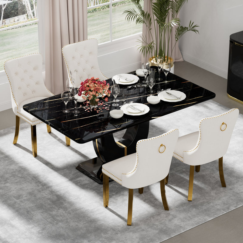Ensemble de table de salle à manger rectangulaire, 5, Beige, Blanc / argenté