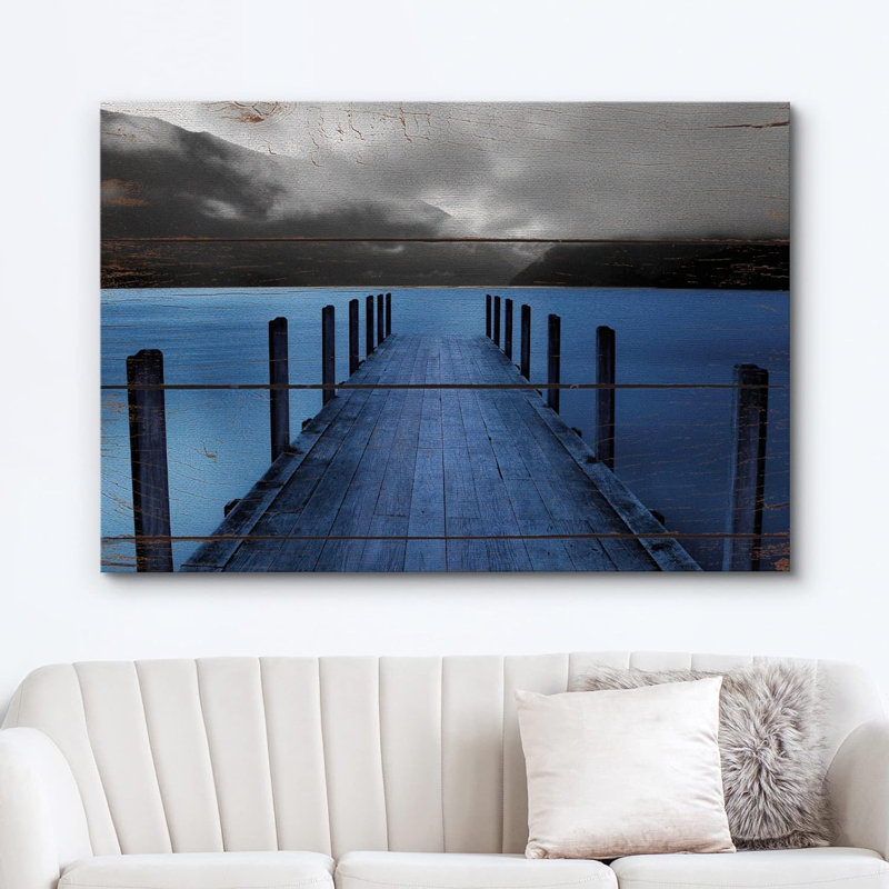 " Evening On Black Blue Grayscale Beach Pier ", Wrapped Canvas, 24" H x 36" W x 1.5" D